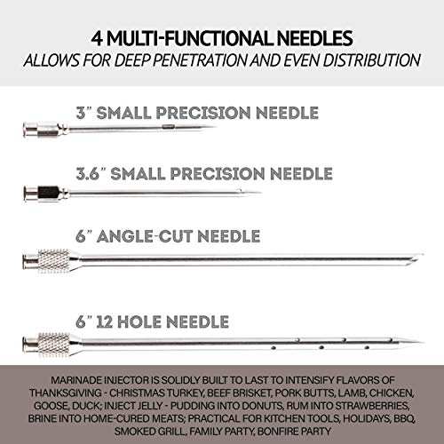 Meat Injector Marinade Gun Stainless Steel Outdoor Kit Flavor Food Syringes & 4 Marinades Needles for BBQ Grill Smoker Injectors Professional Syringe Held Culinary Barbecue Tool