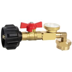 gaspro upgraded propane refill adapter with valve and gauge, fill 1 lb bottles from 20 lb tank, 90-degree elbow design, easy to use, solid brass