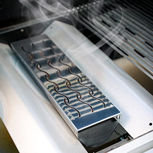 Skyflame Stainless Steel Smoker Box for Wood/Smoking Chips, Universal Barbecue Meat Smoking with Large Wavy Vent and Hinged Lid, Compact Size for Gas BBQ Grill Smoky Grilling, V-Shape