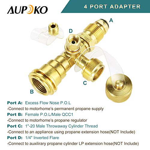 Aupoko 4 Port Propane Tee Adapter, Propane Cylinder Brass Tee Adapter Fitting for Motorhomes Tank RV Camping