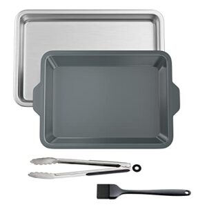 food prep bbq tray, 4-piece grill prep trays include a silicone marinade container for marinating meat & a stainless steel serving platter for all your grilled barbecue, heavy duty & easy clean, grilling gifts for men