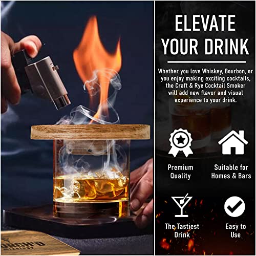 Large Premium Cocktail Smoker Kit with Wood Chips & Craft Drink Recipes - Whiskey Smoker Kit - Fits Any Glass - Old Fashioned Cocktail Kit - Father's Day Gift, Batch Bourbon Smoker Kit