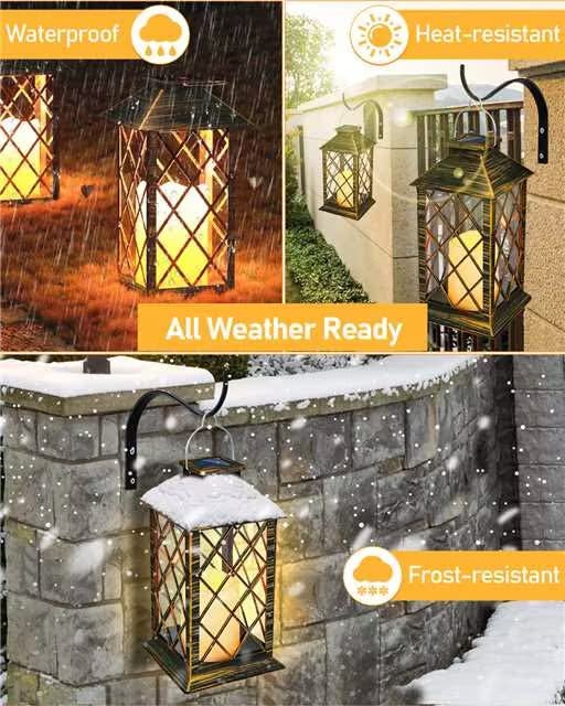 Fuairmee Solar Lanterns Outdoor Waterproof, Set of 2 Hanging Lantern with Brackets, 14 inch LED Flickering Flameless Candle Lights, Outdoor Lanterns for Front Porch Pathway Courtyard Party Patio