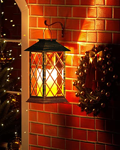 Fuairmee Solar Lanterns Outdoor Waterproof, Set of 2 Hanging Lantern with Brackets, 14 inch LED Flickering Flameless Candle Lights, Outdoor Lanterns for Front Porch Pathway Courtyard Party Patio
