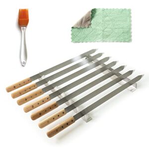 SETAMA Stainless Steel Kabob Skewers - Set of 7 - Flat 1 Inch Wide Blades - Rust Proof - 7 Piece Koobideh/Persian/Brazilian Kebab Skewer and Rack Set - With Basting Brush, Cloth & Storage Bags