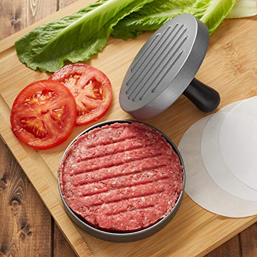 Pure Grill Burger Press - Aluminum BBQ Patty Maker with 100 Wax Papers for Grilling Hamburger Patties