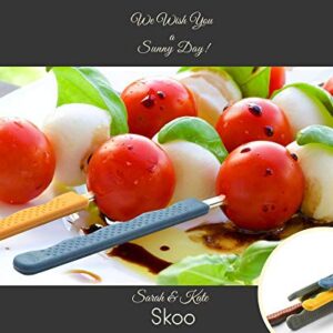 Skoo Barbecue Skewers Set - 7 Silicone Handled Stainless Steel BBQ Skewers + Silicone Storage Bag - 14" Flat Metal Shish Kebab Skewers for Grilling - Reusable Grill Kabob Skewer Sticks + Rollable Bag