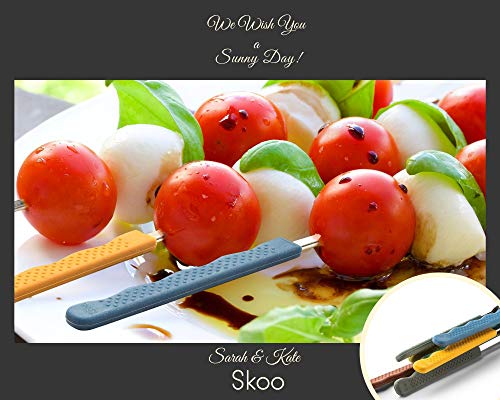 Skoo Barbecue Skewers Set - 7 Silicone Handled Stainless Steel BBQ Skewers + Silicone Storage Bag - 14" Flat Metal Shish Kebab Skewers for Grilling - Reusable Grill Kabob Skewer Sticks + Rollable Bag