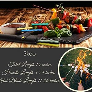 Skoo Barbecue Skewers Set - 7 Silicone Handled Stainless Steel BBQ Skewers + Silicone Storage Bag - 14" Flat Metal Shish Kebab Skewers for Grilling - Reusable Grill Kabob Skewer Sticks + Rollable Bag