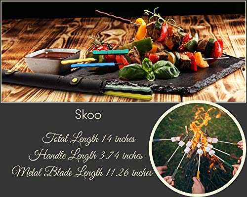 Skoo Barbecue Skewers Set - 7 Silicone Handled Stainless Steel BBQ Skewers + Silicone Storage Bag - 14" Flat Metal Shish Kebab Skewers for Grilling - Reusable Grill Kabob Skewer Sticks + Rollable Bag