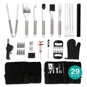 pepe nero grill smoker barbecue accessories tools set - 29 pcs stainless steel bbq flat top grill tool kit with case for outdoor cooking & camping – deluxe grilling gift for men (canvas bag)