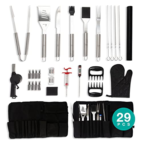 Pepe Nero Grill Smoker Barbecue Accessories Tools Set - 29 Pcs Stainless Steel BBQ Flat Top Grill Tool Kit with Case for Outdoor Cooking & Camping – Deluxe Grilling Gift for Men (Canvas Bag)