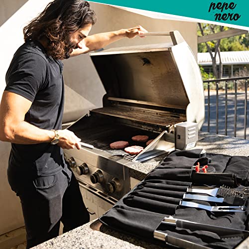 Pepe Nero Grill Smoker Barbecue Accessories Tools Set - 29 Pcs Stainless Steel BBQ Flat Top Grill Tool Kit with Case for Outdoor Cooking & Camping – Deluxe Grilling Gift for Men (Canvas Bag)