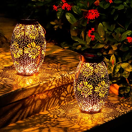 Solar Lanterns Outdoor Waterproof Large - OxyLED 2 Pack Hanging Lantern Solar Powered with Handle Decorative Retro Metal LED Solar Garden Lights for Table Patio Yard Fence Porch Christmas Decor