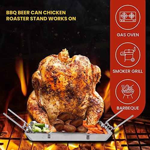 Sheshapho BBQ Beer Can Chicken Roaster Stand - 4 Vegetable Spikes - Stainless Steel Vertical Roasting Holder - for Grill, Oven or Smoker - Complete with Silicone Brush and Pair of Silicone Grips