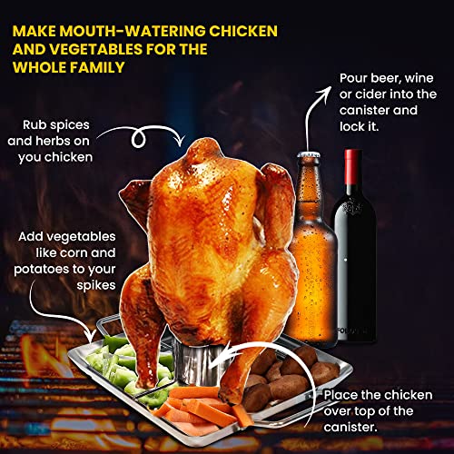 Sheshapho BBQ Beer Can Chicken Roaster Stand - 4 Vegetable Spikes - Stainless Steel Vertical Roasting Holder - for Grill, Oven or Smoker - Complete with Silicone Brush and Pair of Silicone Grips