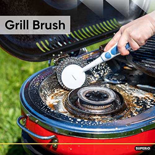 Superio Grill Scraper BBQ Brush with Long Handle and 2 Refills Blue- Grill Cleaner Stainless Steel Scourer for Barbecue, Frying Pan, Pot, Porcelain, Weber Gas, Charcoal Grill