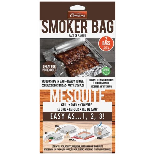 Mesquite Smoker Bags 2 Pack (11"x12" ea) - Easily Infuse Natural Smoky Wood Flavor into Food w/Any Over or BBQ Grill - Wood Chips Built Inside Ready for Indoor Outdoor Use - Great Father's Day Gift