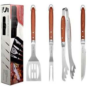 deluxe bbq grill tool set with rosewood handles - best grilling gift- heavy duty grill accessories grilling tools set grill utensils- extra thick stainless steel grill spatula, tongs, fork& meat knife