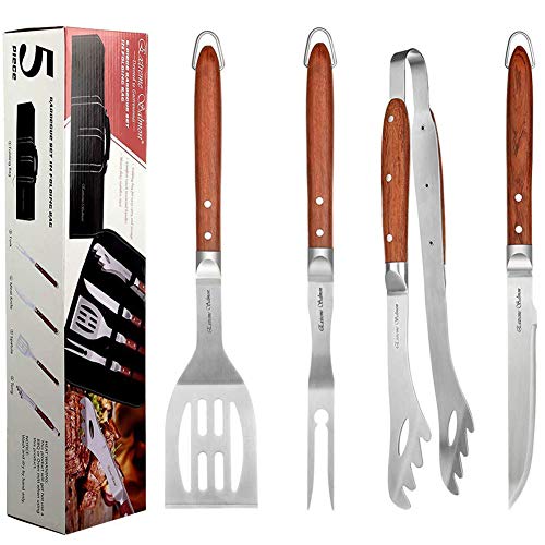 Deluxe BBQ Grill Tool Set with Rosewood Handles - Best Grilling Gift- Heavy Duty Grill Accessories Grilling Tools Set Grill Utensils- Extra Thick Stainless Steel Grill Spatula, Tongs, Fork& Meat Knife