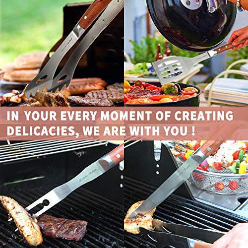 Deluxe BBQ Grill Tool Set with Rosewood Handles - Best Grilling Gift- Heavy Duty Grill Accessories Grilling Tools Set Grill Utensils- Extra Thick Stainless Steel Grill Spatula, Tongs, Fork& Meat Knife