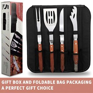 Deluxe BBQ Grill Tool Set with Rosewood Handles - Best Grilling Gift- Heavy Duty Grill Accessories Grilling Tools Set Grill Utensils- Extra Thick Stainless Steel Grill Spatula, Tongs, Fork& Meat Knife