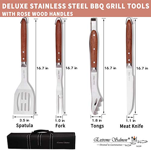 Deluxe BBQ Grill Tool Set with Rosewood Handles - Best Grilling Gift- Heavy Duty Grill Accessories Grilling Tools Set Grill Utensils- Extra Thick Stainless Steel Grill Spatula, Tongs, Fork& Meat Knife