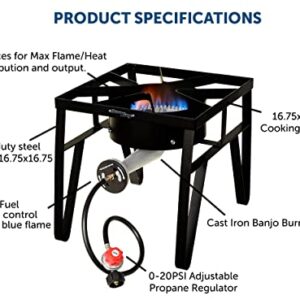 Flame King Heavy Duty 200K BTU, 0-20 PSI, Propane Gas Single Burner Bayou Cooker Outdoor Stove for Home Brewing, Turkey Fry, Maple Syrup Prep, Cajun Cooking