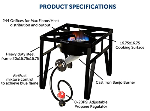 Flame King Heavy Duty 200K BTU, 0-20 PSI, Propane Gas Single Burner Bayou Cooker Outdoor Stove for Home Brewing, Turkey Fry, Maple Syrup Prep, Cajun Cooking