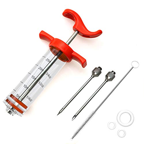 Meat Injector Kit, Plastic Marinade Turkey BBQ 1-oz Syringe with 2 Stainless Steel Needles - 3 Extra O-Rings & 1 Cleaning Brush For Basting & Grilling