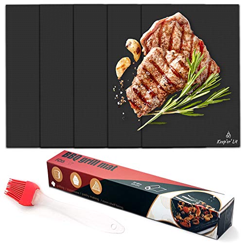 Keep'er'Lit BBQ Grill Mats for Outdoor Grilling, Set of 6 Non-Stick, Heavy Duty and Reusable BBQ Grill Mats with Silicon Brush