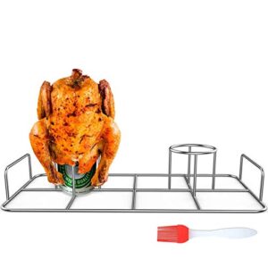 rusfol double beercan chicken rack with a silicone oil brush, stainless steel twin chicken stand for smoker and grill,cook 2 chicken together