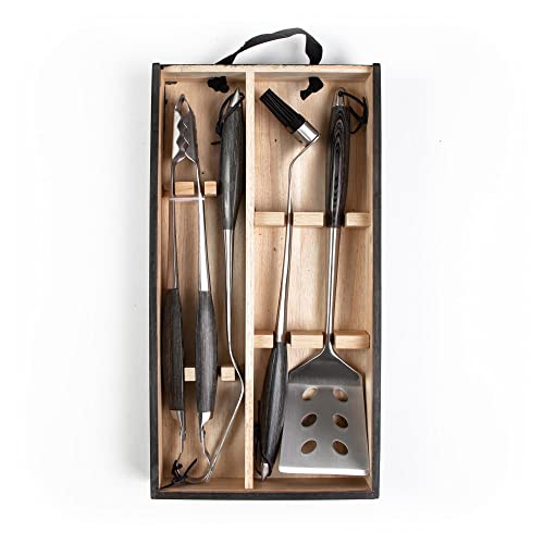 Schmidt Brothers - BBQ Ash 4 Piece Grill Set, Full-Forged Stainless Steel Grilling Utensils Including Spatula, Fork, Basting Brush, and Tongs with All Wood Handles