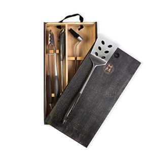 Schmidt Brothers - BBQ Ash 4 Piece Grill Set, Full-Forged Stainless Steel Grilling Utensils Including Spatula, Fork, Basting Brush, and Tongs with All Wood Handles