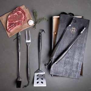 Schmidt Brothers - BBQ Ash 4 Piece Grill Set, Full-Forged Stainless Steel Grilling Utensils Including Spatula, Fork, Basting Brush, and Tongs with All Wood Handles