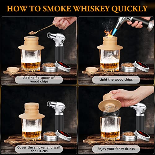Cocktail Smoker Kit, Whiskey Smoker Kit with Torch, Old Fashioned Cocktail Kit, Bourbon Smoker Kit with 4 Flavors of Chimney Wood Chips, Bartender Gift for Friends, Husband, Dad（No Butane）