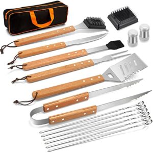 joyfair 16pcs bbq grill accessories set, outdoor barbecue grilling tool kit for camping backyard, including spatula turner fork knife cleaning brush portable bag, heavy duty & long handle