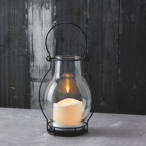 black outdoor lantern with solar candle - 10.5 inch tall, metal & glass, round hurricane style, waterproof, battery included, solar powered decorative patio lantern for modern home decor
