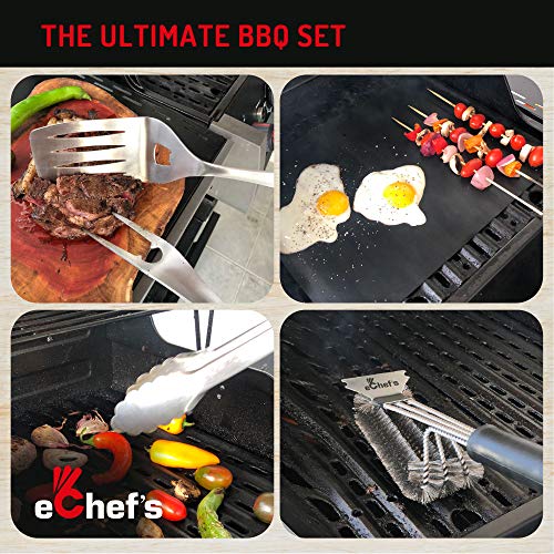 18” BBQ Grilling Tools Set - Heavy Duty – Extra Thick Quality Stainless Steel - Spatula | Fork | Tongs | Grill Cleaning Brush | Bonus 0.39mm Barbecue Grill Mat