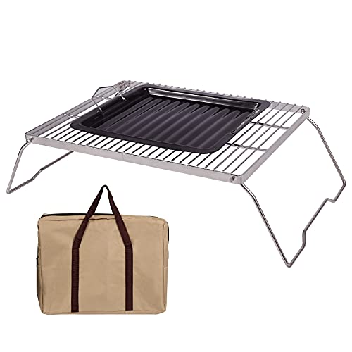 REDCAMP Folding Campfire Grill with Grill Plate, Heavy Duty Portable Camping Grill with Carrying Bag