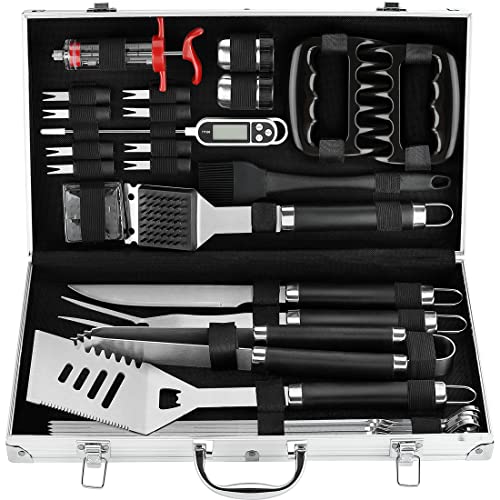 POLIGO 26PC Exclusive BBQ Grill Accessories in Aluminum Case for Birthday Christmas Grilling Gifts - Premium Grill Utensils Set with Barbecue Claws, Meat Injector, Thermometer for Smoker, Camping