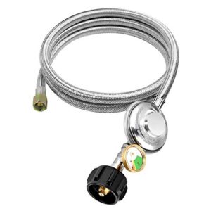 mcampas 5 ft propane hose regualtor with gauge,qcc1 stainless steel braided hose and 3/8" female flare nut for weber grill, propane heater, patio heater, fire pit,burner stove,smoker,water heater