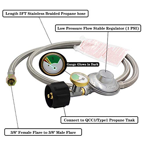 MCAMPAS 5 FT Propane Hose Regualtor with Gauge,QCC1 Stainless Steel Braided Hose and 3/8" Female Flare Nut for Weber Grill, Propane Heater, Patio Heater, Fire Pit,Burner Stove,Smoker,Water Heater