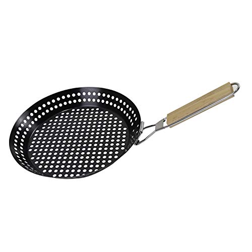 Zemibi Grill Pan With Holes, Nonstick Grill Skillet, Heavy Duty Frying Pan with Wooden Foldable Handle, Grill Basket Hollow Tray for Camping Cookware, Picnics and Other Outdoor BBQ Activities