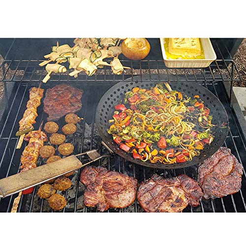 Zemibi Grill Pan With Holes, Nonstick Grill Skillet, Heavy Duty Frying Pan with Wooden Foldable Handle, Grill Basket Hollow Tray for Camping Cookware, Picnics and Other Outdoor BBQ Activities