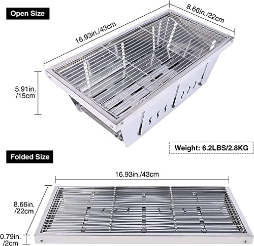 REDCAMP Collapsible Camping Grill,17 * 9" Portable Charcoal Grill with Carrying Bag, Stainless Steel lightweight Small BBQ Grill for Outdoor Camping Cooking