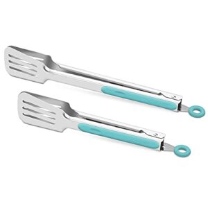 premium 304 stainless steel barbecue turners, heavy duty non-stick bbq cooking kitchen tongs, 9" and 12" aqua sky
