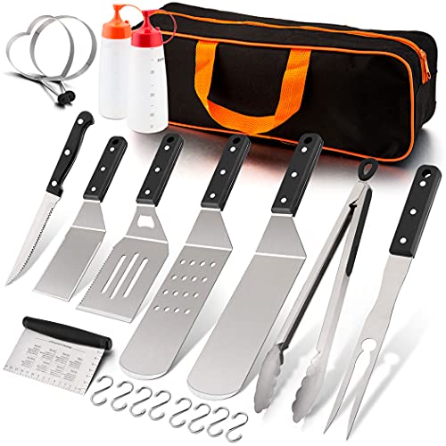 Griddle Accessories Tool Set of 21 with Carrying Bag, Leonyo Solid Metal Spatula for Flat Top Teppanyaki BBQ Gas Grilling, Triple-Riveted Grip, Attached 8 x Hooks, Dishwasher Safe, Man Gift