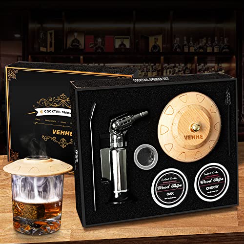 VEHHE Cocktail Smoker Kit with Torch - Aged Cocktail Smoker with 4 Kind of Wood Chips for Bourbon, Old Fashioned Smoker Kit and Whisky Gifts for Men (No Butane)