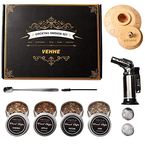 VEHHE Cocktail Smoker Kit with Torch - Aged Cocktail Smoker with 4 Kind of Wood Chips for Bourbon, Old Fashioned Smoker Kit and Whisky Gifts for Men (No Butane)